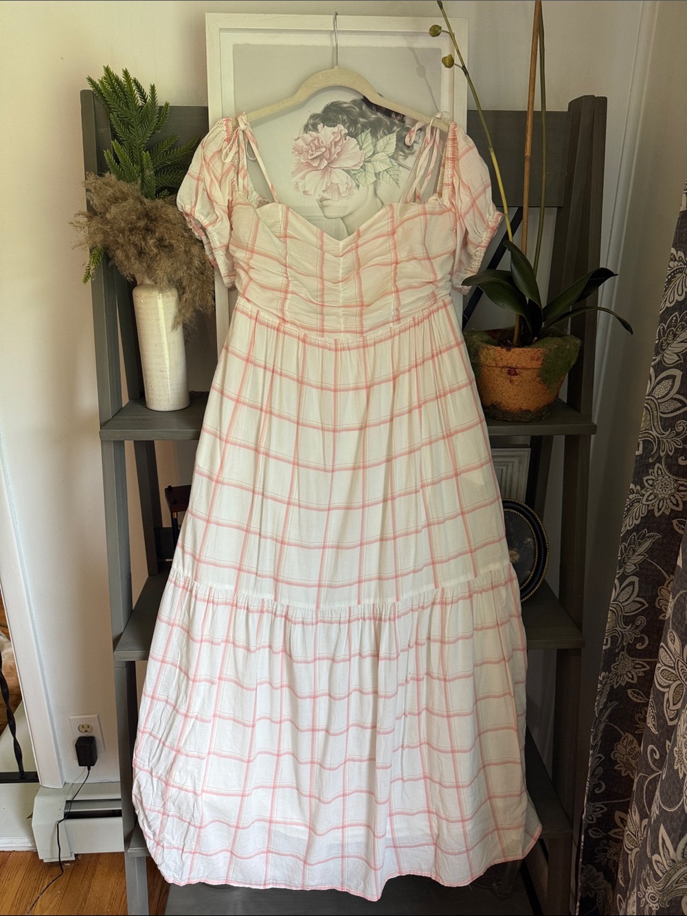 Universal Thread White Maxi Dress with Pink Windowpane